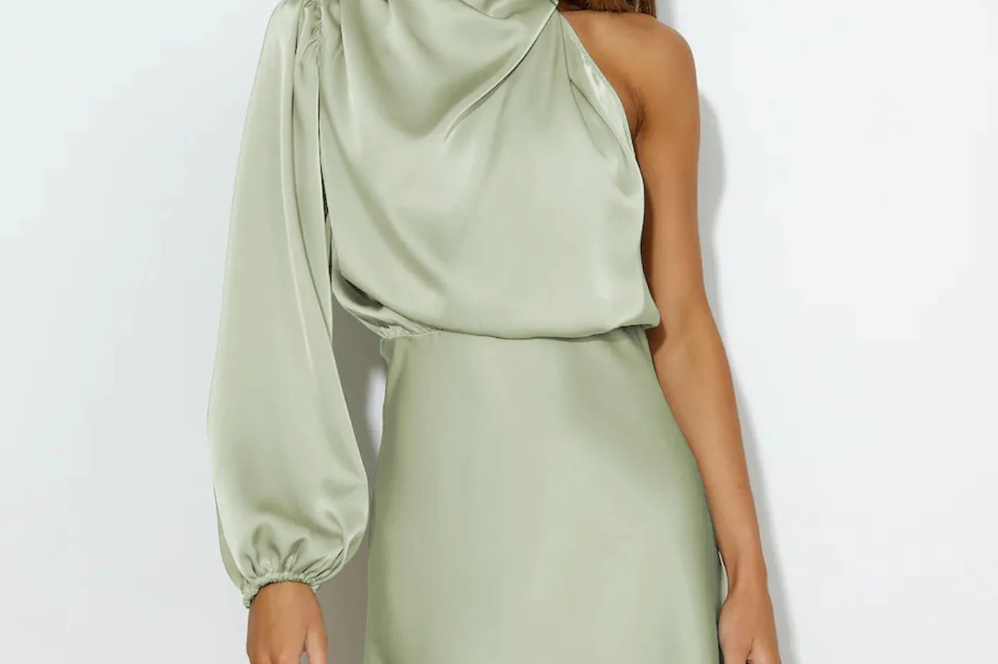Aurora satin one-sleeve mini dress